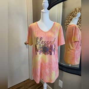 Peach-Orange Tie-Dye Tee Blessed Mom Vneck Leopard Geaphic Tee